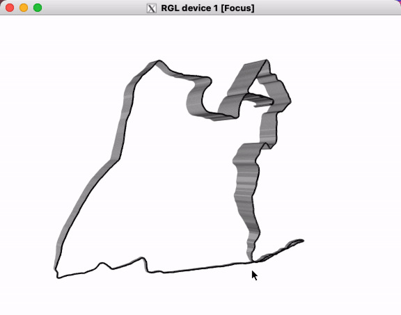 Gif showing an RGL device with a 3D interactive object representing a workout route. The z dimension is elevation and the route rises from low to high elevation. The object is spun and zoomed into to highglight the elevation change.