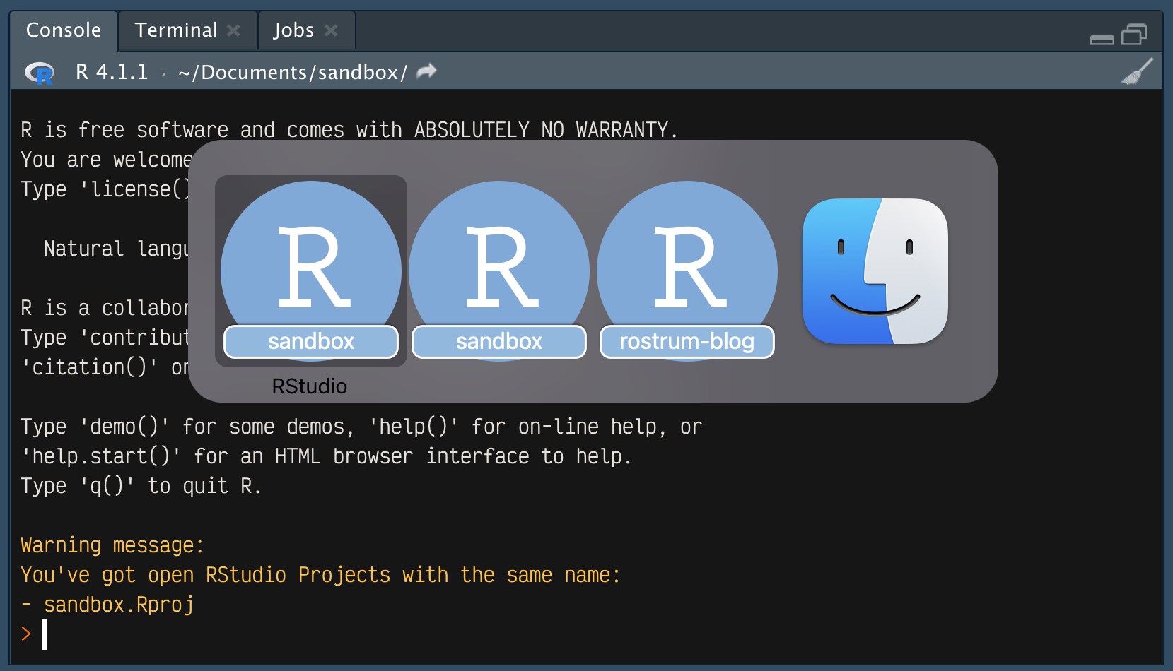 An RStudio console on startup. After the usual R startup text it says 'Warning message: You've got open RStudio Projects with the same name' followed by a bullet point that says 'sandbox.Rproj'. Overlaid is the macOS item switcher showing that there are indeed two RStudio instances open with that name. 