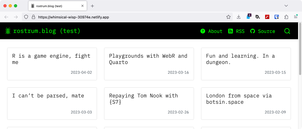 A screenshot of a version of this blog designed with Quarto. The style is very similar, using green and black and the blog logo, which is a 16 by 16 pixel picture of an insect. There are new sections for 'About', 'RSS' and 'Source', as well as s search button. The posts are displayed as 'cards' rather than in a list.